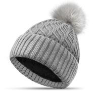 FORVEVO Beanie Hats for Women Bobble Hat Grey Winter Hats Double Fleece Layer Line with Pom Pom Wooly Hat Women