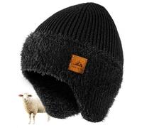 FORVEVO Mens Beanie Hat with Earflaps, Winter Hats with Thick Warm Fleece Lining, Thermal Knit Wooly Beanie Hats for Winter Daily Life Outdoor Running Skiing, Black