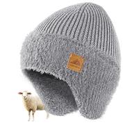 FORVEVO Mens Beanie Hat with Earflaps, Winter Hats with Thick Warm Fleece Lining, Thermal Knit Wooly Beanie Hats for Winter Daily Life Outdoor Running Skiing, Darkgrey