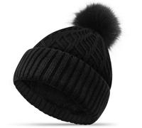 FORVEVO Winter Hats for Women Bobble Hat Black Beanie Hats Double Fleece Layer Line with Pom Pom Wooly Hat Women