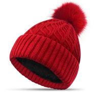 FORVEVO Winter Hats for Women Bobble Hat Red Beanie Hats Double Fleece Layer Line with Pom Pom Wooly Hat Women