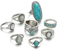 FORWOMLM 8pcs Bohemian Joint Stackable Knuckle Rings Set Vintage Oval Turquoise Finger Ring Opal Gem Teardrop Feather Midi Ring Punk Leaf Rings Bulk for Women Party Daily Jewelry Gifts, Metal, No