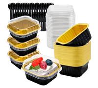 FORYNXHWIN 30Pcs Mini Cake Baking Cups with Lids and Spoons, 150ml Square Reusable Aluminum Foil Baking Cups, Small Loaf Pans Cake Boxes for Bread Dessert Wedding Birthday Picnic Party (Black Gold)