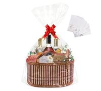FORYNXHWIN Empty Hamper Basket Kit, 30x20x16cm Woven Bamboo Gift Basket with Handles, 1 Cellophane Bags, 2 Pull Bows,1 Raffia, 5 Greeting Cards for Baby Shower, Birthday, Christmas, Wedding Gift