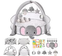 Foryoomi 7-in-1 XL Large Baby Play Mat, Tummy Time Mat, Activity Mat, Baby Gym & Ball Pit with Tummy Time Cushion, 10 Balls, Milestone Cards & 5 Removable Toys Elephant