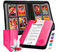 FORZAROCKET 4 Pocket Toploader Binder, Holds 112 Top Loaders, 8 INCLUDED, Waterproof PU Leather, Archival Safe Pockets, Compatible with Sports, Trading Cards in 3"x4" Toploaders (Rose Pink)