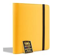 FORZAROCKET Toploader Binder - Holds 96 Cards | 4-Pocket Strap Album for 3x4" Top Loaders | Side-Loading Archival Pages for TCG & Sports Cards | PU Leather Collector Binder (Yellow, 4 pocket)
