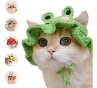 FORZENA Cute Cosplay Flared Hat for Cats Handmade Knitted Dress Up Costume Headwear with Ear Hole for Small Animal Rabbit Guinea Pig Festival Party Photo Shoot (S,Frog)