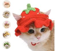 FORZENA Cute Cosplay Flared Hat for Cats Handmade Knitted Dress Up Costume Headwear with Ear Hole for Small Animal Rabbit Guinea Pig Festival Party Photo Shoot (S,Strawberry)