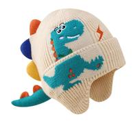 FOSDICK 1 Piece Toddler Hat, Knitted Warm Baby Hat, Cute Dinosaur Pattern Boys Hat, Boys Winter Hat with Ear Flaps, Boys Beanie Hat Woolen, Coldproof Kids Winter Hat for Baby Girls Boys, Beige