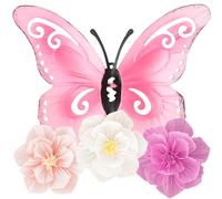 FOSDICK 24cm Metal Butterfly Wall Decor, Metal Garden Butterfly Wall Art Decor, Colorful Wall Sculptures with 3PCS Paper Flowers Decorations Hanging Ornaments for Garden Fence Home, (Pink, White)