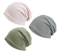 FOSDICK 3 PCS Chemo Headwear for Women, Beanie Hat Head Wraps Skull Caps for Men/Women, Soft Fabric Summer Beanie Hats Sleep Cap Cancer Headwear for Hair Loss (Gray, Beige, Green)