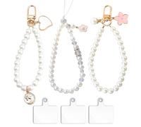 FOSDICK 3 PCS Pearl Beaded Phone Wrist Strap, Phone Charm, Bead Cell Phone Lanyard Wrist Straps for Phone Strap, Mobile Phone Chain with 3pcs Tether Tabs, Phone Bracele for Women Girls, White