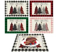 FOSDICK 4 Pieces Christmas Placemats, Linen Christmas Table Mats, Place mats with christmas Tree Patterns, Xmas Table Mats in 4 Colours, Xmas Placemats for Dining Kitchen Party Decoration, 45x30cm