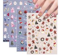 FOSDICK 4 Sheets 5D Embossed Christmas Nail Art Stickers Decals, Christmas Nail Stickers, Xmas Nails Art Sticker Snowflake Reindeer Snowman Santa Claus Pattern for Children Kids Adults