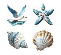 FOSDICK 4PCS Wooden Wall Art Ocean Theme, Wooden Wall Decor with Conch, Starfish, Shell and Bird Shaped, Coastal Beach Theme Wall Sculpture, Nautical Hanging Ornaments for Bedroom Bathroom Living Room