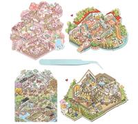 FOSDICK 4Sets Large 3D Sticker Scene, Sticker Therapy with Tweezers, Fun DIY 3D House Stickers, Cartoon Miniature Simulated Cabin Stacking Scene 3D House Sticker Set, Mini House Landscaping Stickers