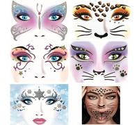 FOSDICK 5Sheets Animals Face Stickers, Animals Face Tattoos, Kids Adults Animal Temporary, Leopard, Swan, Butterfly, Cats, Ice Stage, Cartoon Makeup Stickers for Birthday Parties Gift Carnival Cosplay