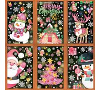 FOSDICK 6 Sheet Christmas Window Stickers, Christmas Window Clings Reusable Window Decoration Santa Claus Reindeer Snowman Snowflake 2025 PVC Pink Static Decal Xmas Window Sticker