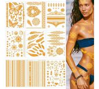 FOSDICK 9 Sheets Temporary Tattoos for Kids Adults, Metallic Fake Tattoos | Gold Temp Tattoos, Arm Neck Face Waterproof Stick on Tattoos with Sun Moon Feather Butterfly for Party Rave Festival Holiday