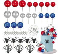 FOSDICK Cake Decorations for Boys, Cartoon Movie Themed Cake Topper, Cupcake Toppers with Red Silver Blue Balls Spider Web Stars Decoration, 37 Pcs Birthday Cake Decorations Set for Kids Boy Men Party