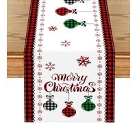 FOSDICK Christmas Table Runner, Red White Linen Xmas Table Runner, Christmas Runners for Dining Tables, Christma Baubles Snowflakes Festive Tables Runners for Xmas Tables Centrepiece Decorations