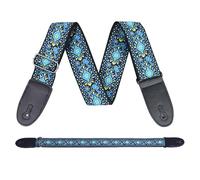 FOSDICK Guitar Strap with Leather Ends, Blue Jacquard Embroidery Guitar Strap for Acoustic, Electric, Bass Guitars - Vintage Woven Design, 5cm Wide Comfortable Shoulder Support