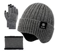 FOSDICK Hat and Scarf Set for Women Men, Hat Scarf and Gloves Set Mens, Unisex Winter Warm Thermal Knitted Beanie Scarfs Gloves for Outdoor Sports, Gifts for Women Men, Grey