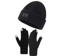 FOSDICK Women's Winter Gloves & Beanie Set, Black, Touchscreen, Warm Knit, Elastic Cuff, One Size Fits Most