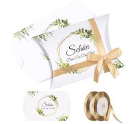 Foshird Pack of 50 Small Gift Boxes "Schön Dass Du Da Bist" with Satin Ribbon Gold - Wedding Birthday Gift Boxes Cushion Box for Sweets Chocolate Biscuits - 9 x 6.5 cm