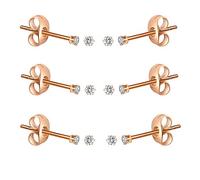 FOSIR 6 Pairs 3mm Tiny Women's 14K Rose Gold Plated Stainless Steel Round Clear Cubic Zirconia Stud Earrings
