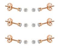 FOSIR 6 Pairs 4mm Tiny Women's 14K Rose Gold Plated Stainless Steel Round Clear Cubic Zirconia Stud Earrings