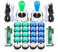 Fosiya 2 Player Arcade Joystick Buttons Kit Ellipse Oval Style 8 Ways Bat Joystick + 20 x LED Arcade Buttons for 2 Player Video Games Controllers All Windows PC MAME Raspberry Pi 3 4 Blue Green Kits