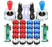 Fosiya 2 Player Arcade Joystick Buttons Kit Ellipse Oval Style 8 Ways Bat Joystick + 20 x LED Arcade Buttons for 2 Player Video Games Controllers All Windows PC MAME Raspberry Pi 3 4 Red Blue Kits