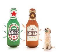 Fosoloni Pack of 2 Squeaky Dog Toy, Beer Bottles, Chew, Interactive, Dog Toy, Indestructible, Plush Dog Toy for Small, Medium, Large Dogs