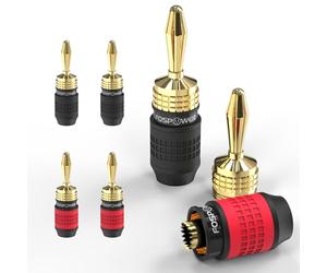 FosPower Deadbolt Banana Plugs 2 Pairs / 4 pcs, Screwless Type 24k Gold Plated Banana Speaker Plug Connectors for Speaker Wire, Home Theater, Audio/Video Receiver and Sound Systems