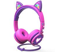 FosPower Kids Headphones with LED Cat Ears (85dB Safe Volume Limit), 3.5mm Soft On-Ear Wired Headphones with Tangle-Free Laced Cables for iPad/Tablet/School/Travel - Hot Pink/Purple