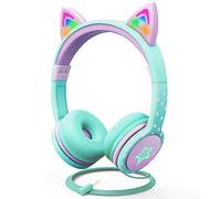 FosPower Kids Headphones with LED Cat Ears (85dB Safe Volume Limit), 3.5mm Soft On-Ear Wired Headphones with Tangle-Free Laced Cables for iPad/Tablet/School/Travel - Teal/Light Purple