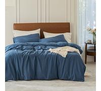 FOSSA Duvet Cover Set 100% Washed Cotton 3 Pieces Bedding Set Twill Soft Cozy Breathable Sturdy Substantial with Textured Weave Solid Federal Blue King