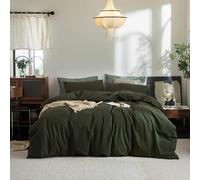 FOSSA Duvet Cover Set 100% Washed Cotton Linen Feel Super Soft Breathable Cozy Simple Style 3 Pieces Bedding Sets Solid Olive Green Super King Plus