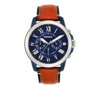 FOSSIL Grant Chronograph Light Brown Leather Watch - Analogue Men's Watch with Blue Dial and Brown Leather Strap - Quartz Movements, Stopwatch and Timer Functionality - 5 ATM Water resistant