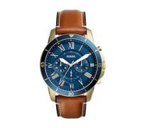 Fossil Grant Men's Yellow Gold Plate Blue Dial Brown Leather Strap Watch
