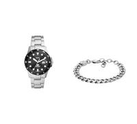 Fossil Herrenuhr Blue Dive und Armband Harlow, goldfarbener Edelstahl, Set