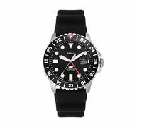 Fossil Men's Blue GMT Stainless Steel and Silicone Dual Time Watch, FS6036, Black Silicone, 46mm, 24mm Band, 100m Water Resistant, GMT Dual Time, Rotating 24-Hour Bezel