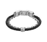 Fossil Men's Double Chain Black Plaited Leather & Stainless Steel Chain Bracelet