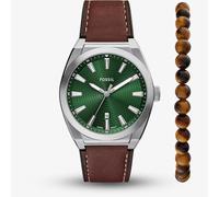 Fossil Mens Everett Brown Leather Strap Watch & Beaded Bracelet Set FS6080SET