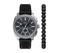 Fossil Men's Machine Grey Dial Chronograph Black Silicone Strap Watch & Beaded Lava Stone Bracelet Set