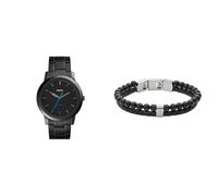 FOSSIL Men's Minimalist Black Stainless Steel Watch and Townsman Semi-Precious Bracelet, Set