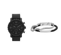 FOSSIL Men's Nate Black Leather Watch and Ellis Silver-Tone Stainless Steel Bracelet, Set