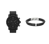 FOSSIL Men's Nate Black Leather Watch and Townsman Semi-Precious Stainless Steel Bracelet, Set